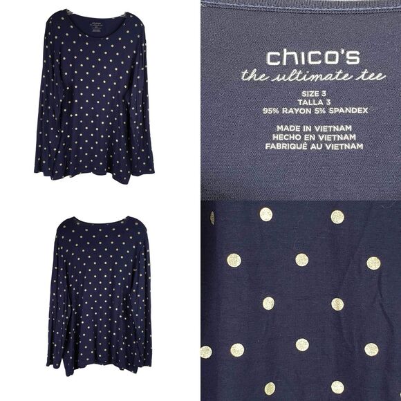 Chico's Tops - Chicos Shirt Ultimate Tee Womens Size 3 US XL Navy Blue Long Sleeve Polka Dot